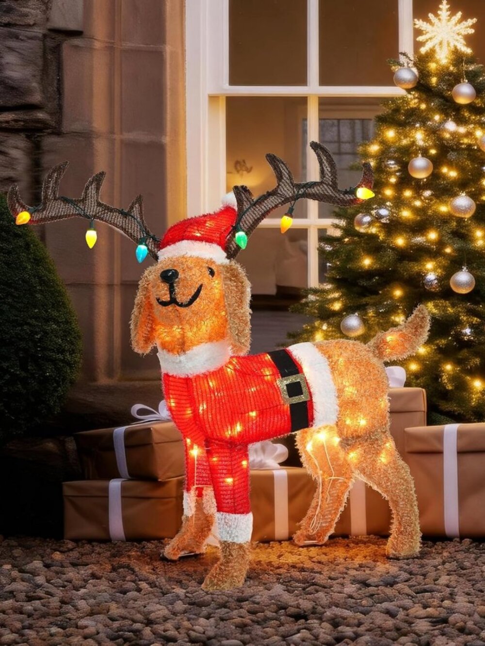 33 Inch 3D Lighted Christmas Goldendoodle Dog Decorations with Santa Hat